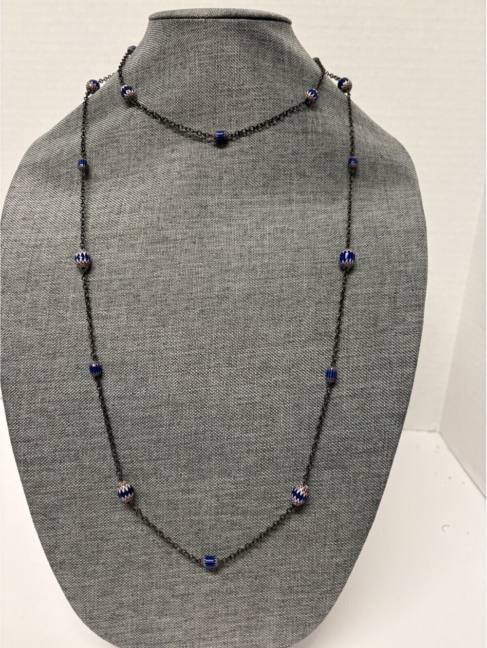 Vintage Blue Chevron African Trade Bead Opera Chain Necklace 51"